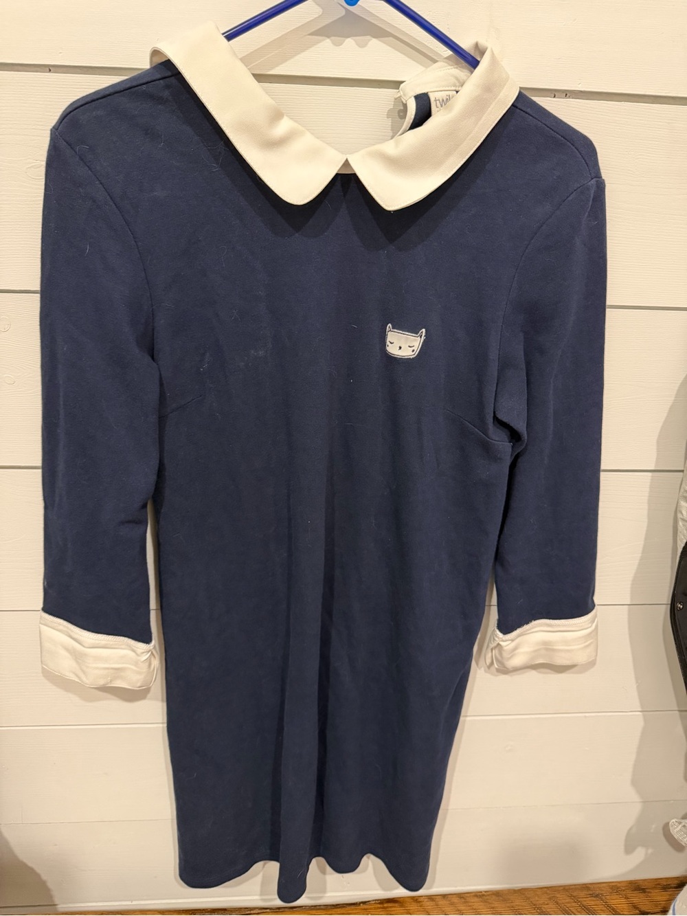 twik Navy Blue Long Sleeve Peter Pan Collar Dress with White Trim